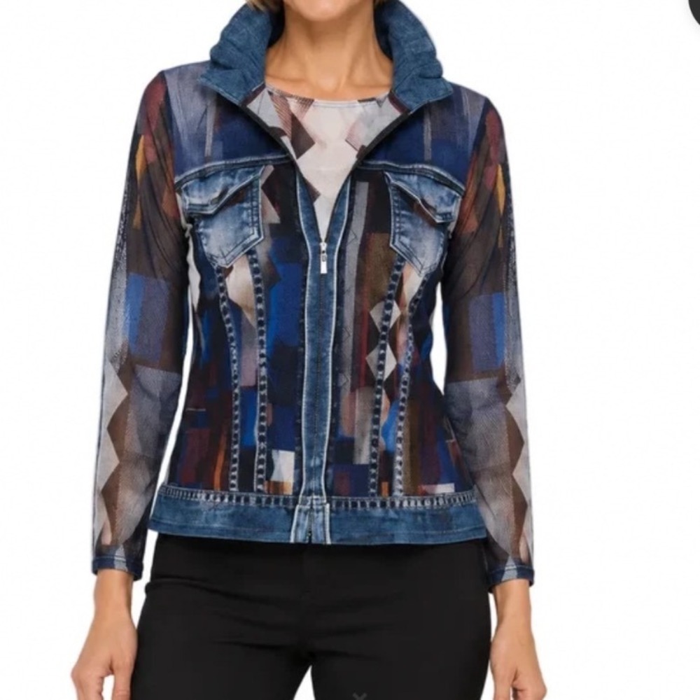 Damee Jacket Womens Blue Denim Print Mesh Zip Up Ruffle Mock Neck Large
